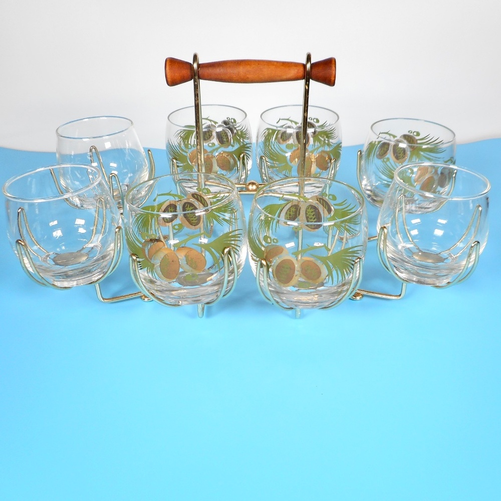 VTG 60s MGM Roly Poly Lowball Old Fashioned Glasses Gold Pinecone Clear w Caddy